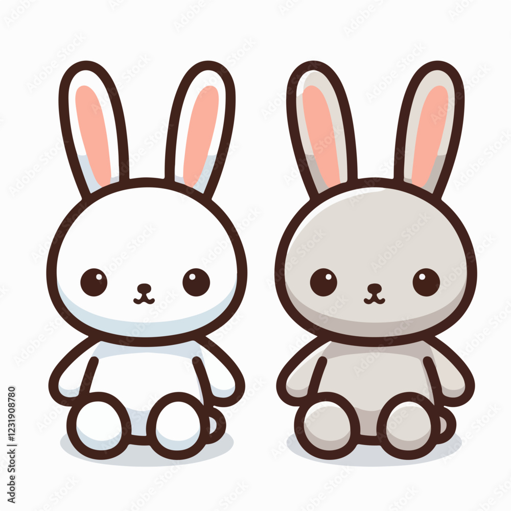 Adorable Bunny Duo: Two charming cartoon bunnies, one white and one light gray, sit side-by-side, showcasing their endearing expressions and simple design. Perfect for children's illustrations. Adorable Bunny Duo: Two charming cartoon bunnies, one white and one light gray, sit side-by-side, showcasing their endearing expressions and simple design. Perfect for children's illustrations.