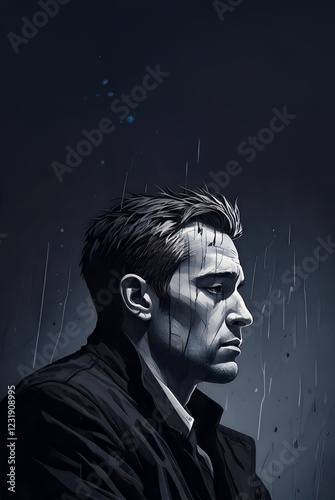 Sad, lonely, broken man in depression. Unhappy, Stressed and Tired boy looking down. Side view. Colorful illustration. Copy space. Mental health concept.
