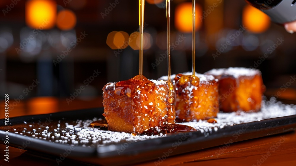 Fototapeta premium Leche Frita: Squares of fried custard coated in sugar and cinnamon, arranged on a plate with a drizzle of honey and a dusting of powdered sugar.