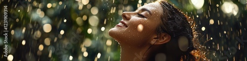 A woman stands in the rain with her eyes closed, focusing on the moment photo