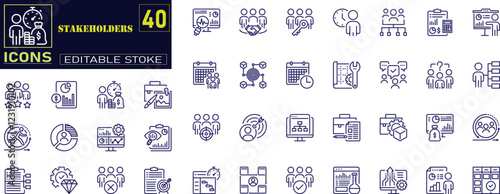 Editable Stroke Icon Set for Stakeholders. This collection features icons representing various stakeholders such as businesses, teamwork, trade unions, suppliers, managers, leaders, government .