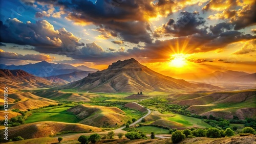 Breathtaking Zagros sunrise/sunset views over ancient Iraqi Kurdistan mounds; a travel photographer's dream. photo