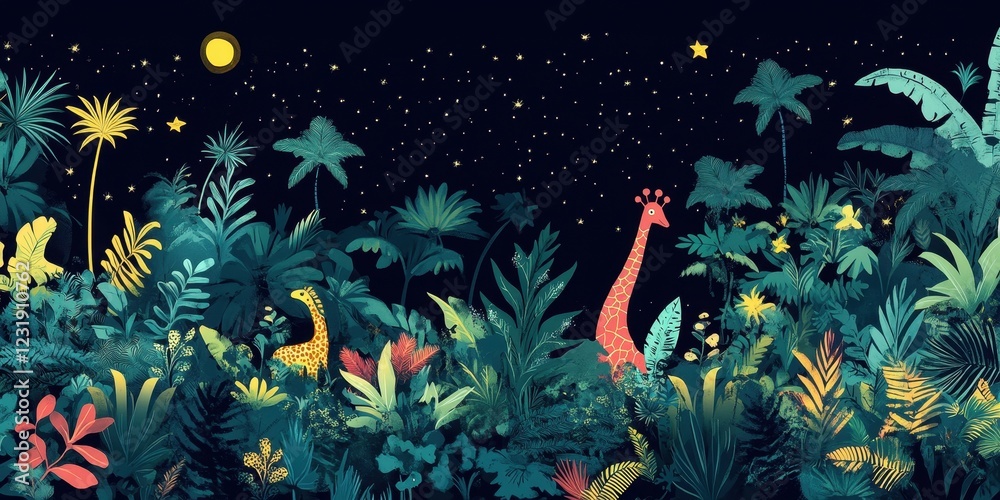Nighttime Jungle Scene with Two Giraffes Underneath Stars Nighttime Jungle Scene with Two Giraffes Underneath Stars