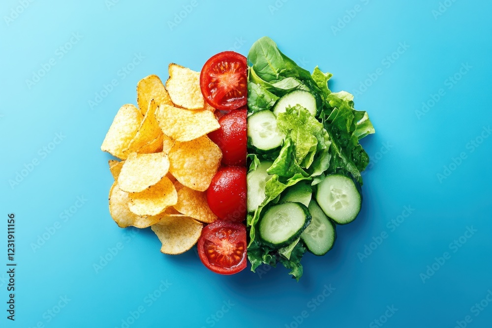 Half healthy half junk food concept with chips salad
