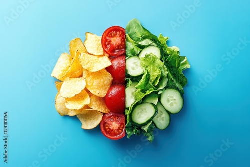 Obraz na płótnie Half healthy half junk food concept with chips salad w salonie