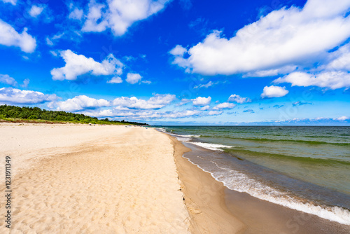Beautiful sandy beach on sunny day. Landscape. Hel peninsula in poland