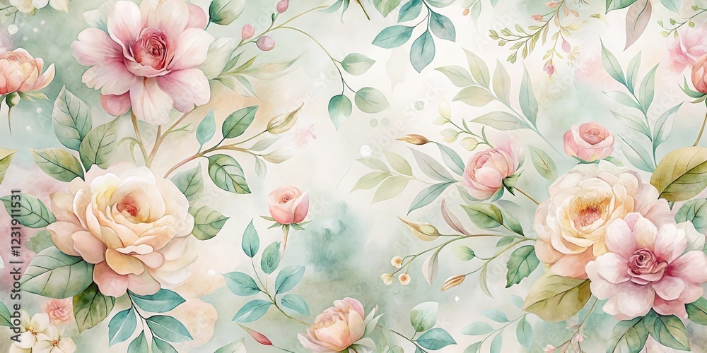 Fototapeta Elegant Watercolor Roses and Greenery Floral Design Featuring Delicate Pastel Hues and Lush Foliage