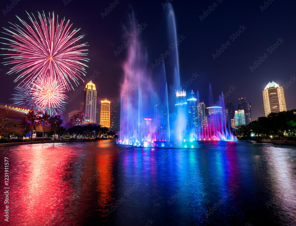 Obraz premium Generated image 花火と噴水のイルミネーション