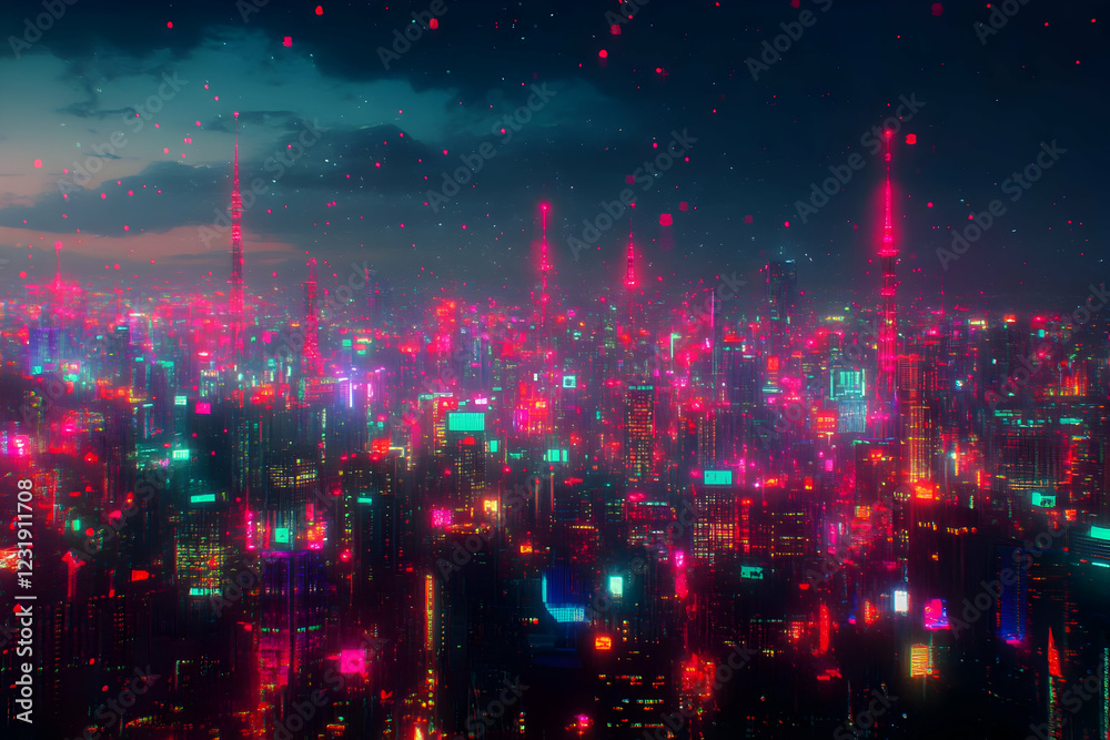 Neon cityscape at dusk, futuristic data rain Neon cityscape at dusk, futuristic data rain