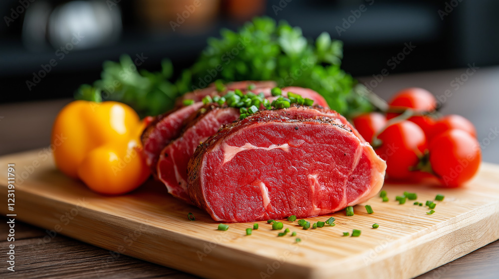 Freshly cut meat displayed on a wooden board with vibrant vegetables in a cozy kitchen setting Freshly cut meat displayed on a wooden board with vibrant vegetables in a cozy kitchen setting
