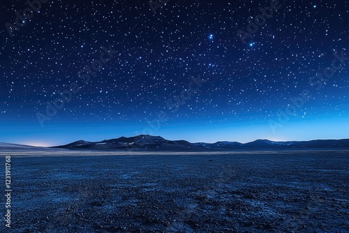 A vast star field hovering over a windswept, barren landscape, the stars twinkling in the cold, clear night air.