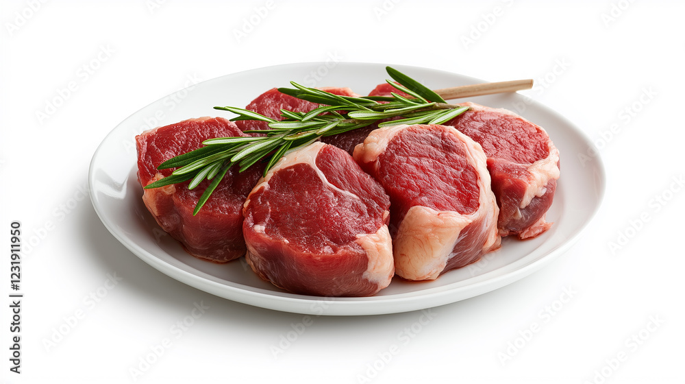 Fresh cuts of meat arranged on a white plate with rosemary sprig garnishing Fresh cuts of meat arranged on a white plate with rosemary sprig garnishing