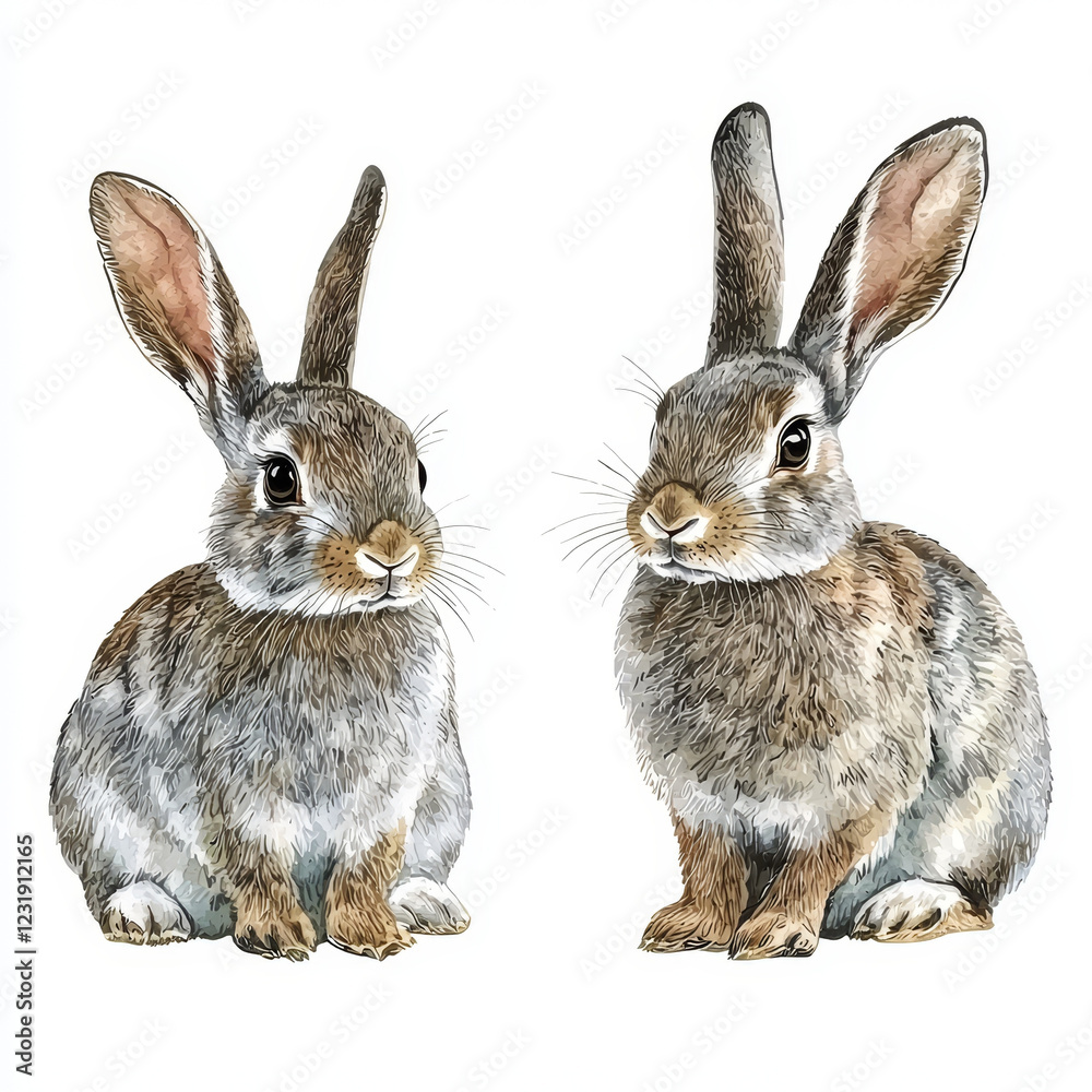 Fototapeta premium Two adorable grey rabbits, sitting side-by-side.