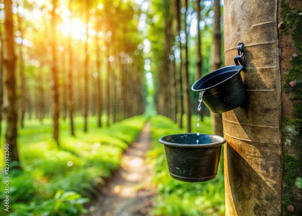 Fototapeta premium Close-up of black cup collecting liquid latex, a sustainable farming practice in a rubber tree plantation.