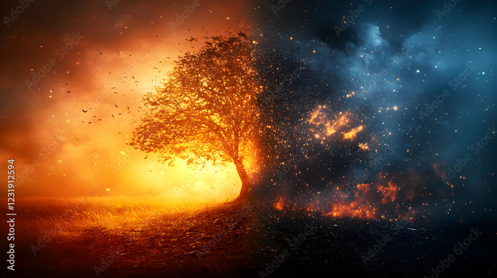 Fototapeta premium Fire and ice landscape; tree divides inferno, blizzard