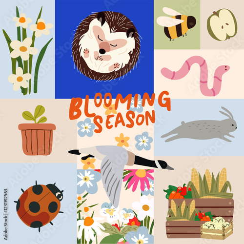 Blooming season vector retro banner. Hello Spring. Collection of floral, botanical, animals elements. Spring icon set. Blooming flowers, seedlings, seeds, insects