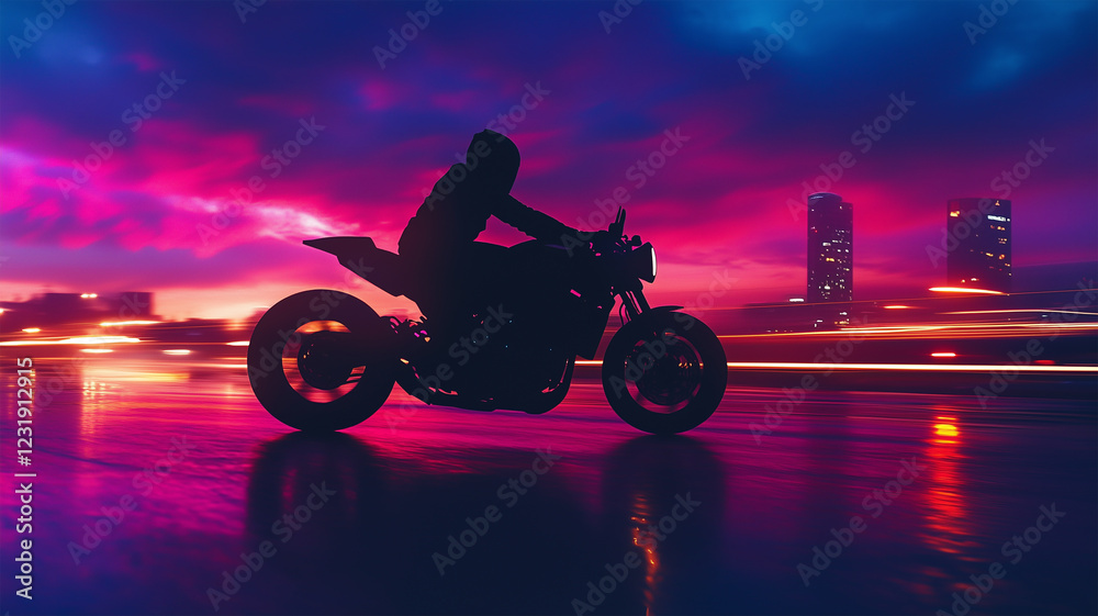 Fototapeta premium 夜の都市を走り出すバイクライダーのシルエット