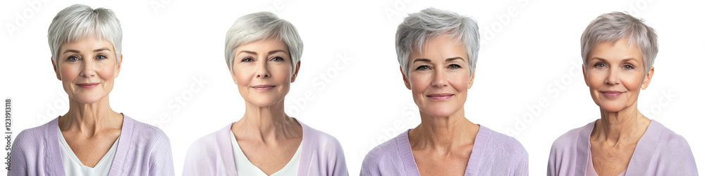 Cheerful senior woman with stylish gray hair smiling confidently and looking straight at on white background Positive confident and active elderly female portrait Cheerful senior woman with stylish gray hair smiling confidently and looking straight at on white background Positive confident and active elderly female portrait