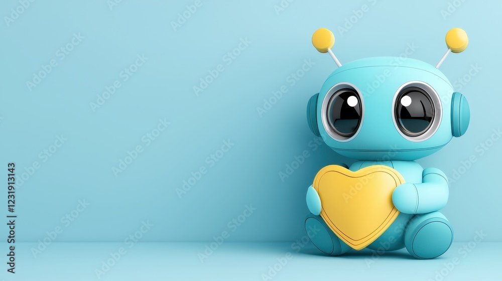 Obraz premium A cute blue robot with large eyes holds a yellow heart, set against a minimalist blue background.