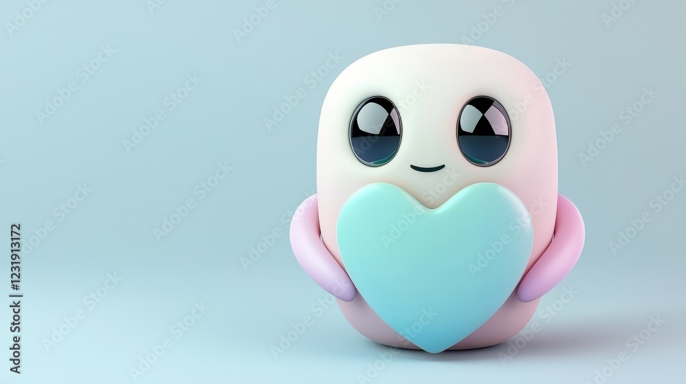 Fototapeta premium A cute character with big eyes holds a heart, showcasing a playful and friendly design against a soft blue background.