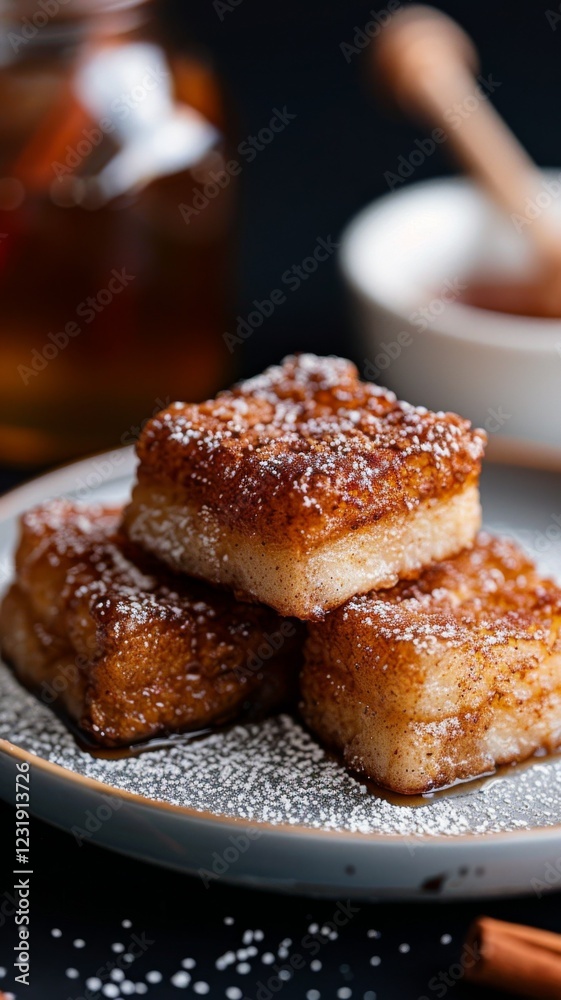 Leche Frita: Squares of fried custard coated in sugar and cinnamon, arranged on a plate with a drizzle of honey and a dusting of powdered sugar. Leche Frita: Squares of fried custard coated in sugar and cinnamon, arranged on a plate with a drizzle of honey and a dusting of powdered sugar.