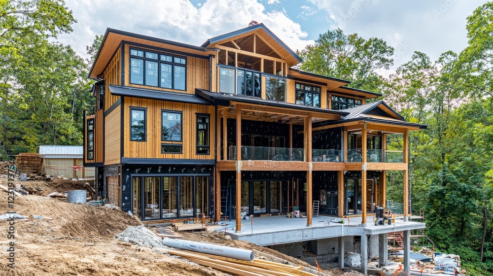 Obraz premium Modern Architecture: New Residential Home Under Construction