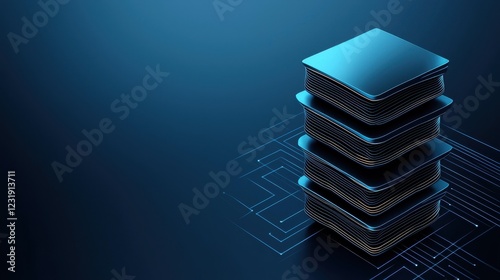 A sleek stack of microchips against a dark blue background, symbolizing advanced technology and computing power.