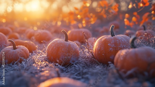 Frosty pumpkins at sunrise, autumn field
