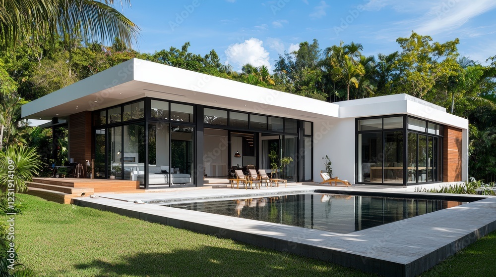 Modern Single-Storey House with Pool and Lush Green Surroundings Modern Single-Storey House with Pool and Lush Green Surroundings