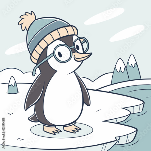 A penguin with a hat and glasses on his head