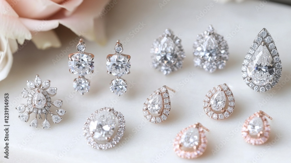 A beautiful arrangement of various styles of diamond earrings, including studs and drops, set on a white marble background, emphasizing their shine A beautiful arrangement of various styles of diamond earrings, including studs and drops, set on a white marble background, emphasizing their shine