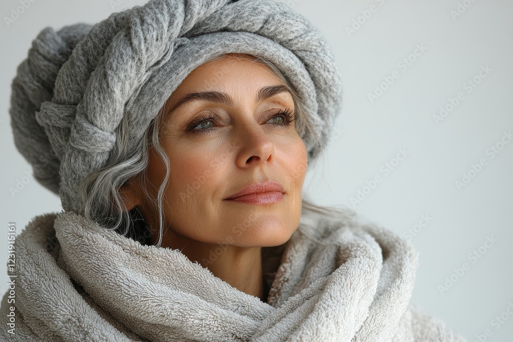 A serene woman wearing a stylish, cozy knitted hat and scarf, radiating tranquility and comfort, perfect for winter lifestyle themes. A serene woman wearing a stylish, cozy knitted hat and scarf, radiating tranquility and comfort, perfect for winter lifestyle themes.