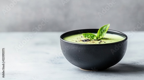 Green soup bowl with basil garnish on table