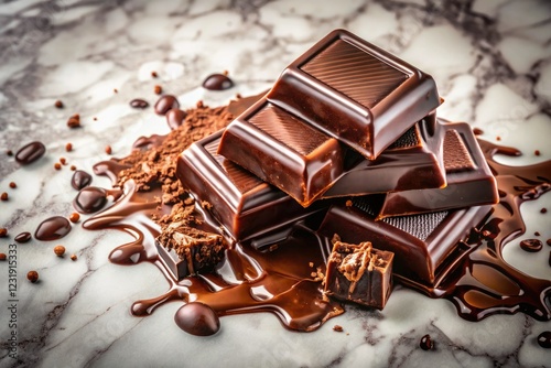 Dark chocolate's rich depths unveiled on white marble, a double exposure masterpiece.