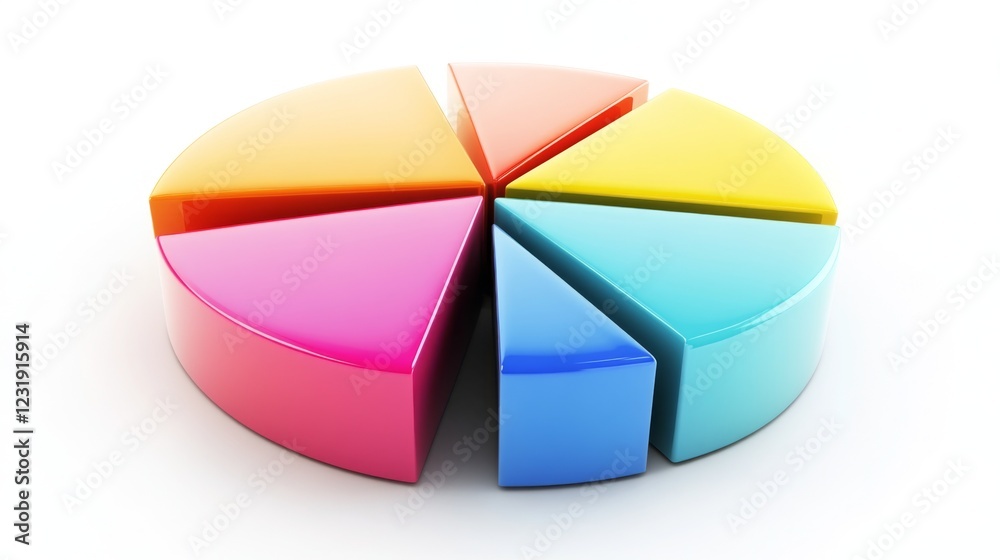 Obraz premium A close-up of a D pie chart with bright, contrasting colors, the segments separated slightly to highlight different data points, set on a white background.