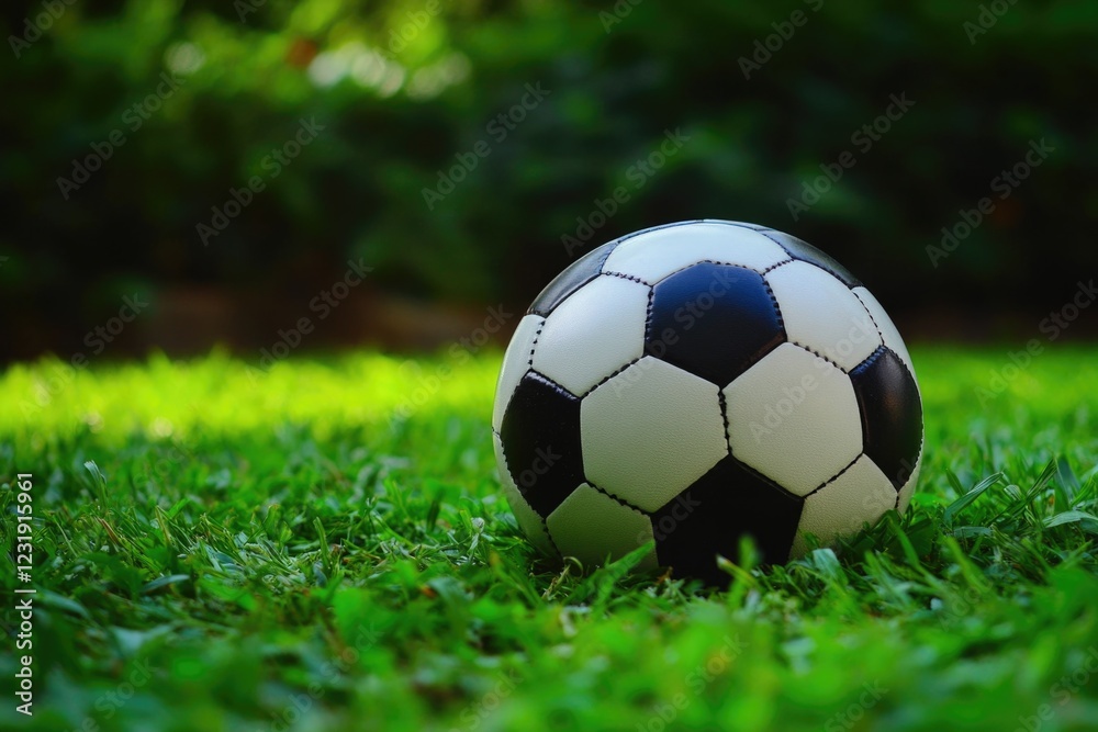 Fototapeta premium A soccer ball sitting on a lush green grass, ideal for sports or outdoor-themed images