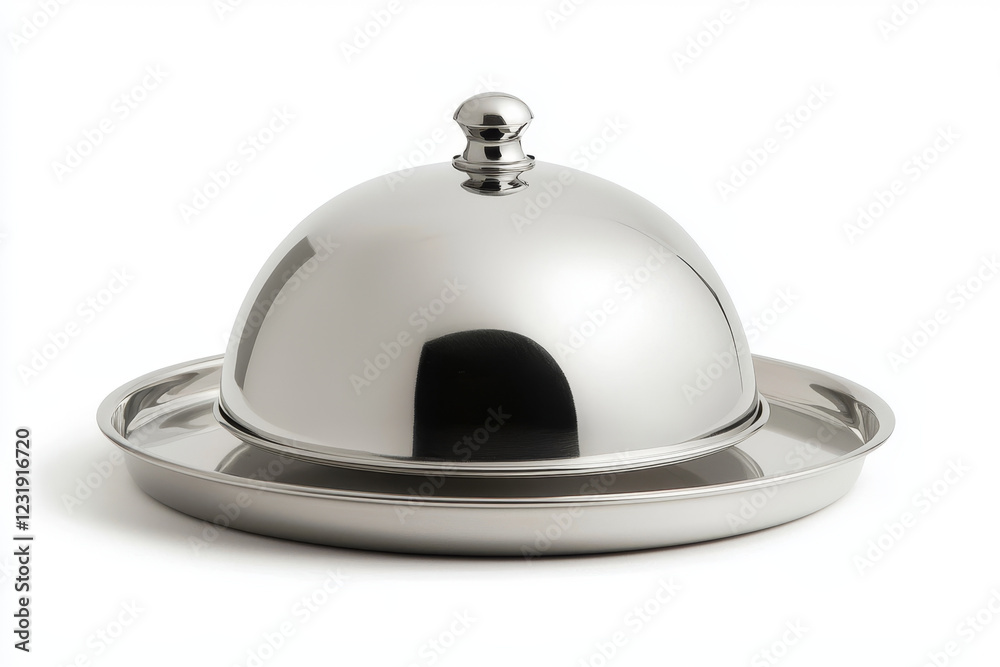 Polished stainless steel dome cover and tray. Polished stainless steel dome cover and tray.