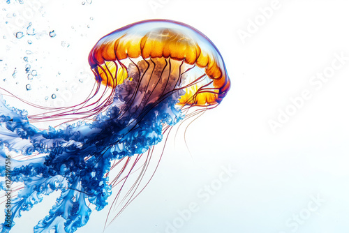 Orange and blue jellyfish underwater, elegant and vibrant. photo