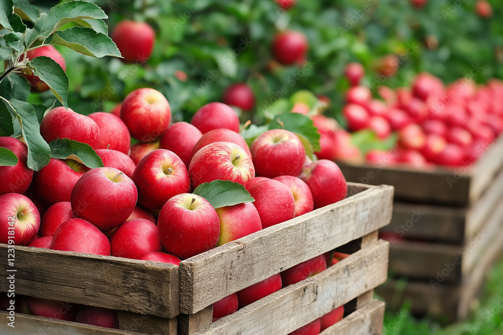 Freshly harvested red apples in wooden crates at a sunny orchard during autumn harvest season Freshly harvested red apples in wooden crates at a sunny orchard during autumn harvest season