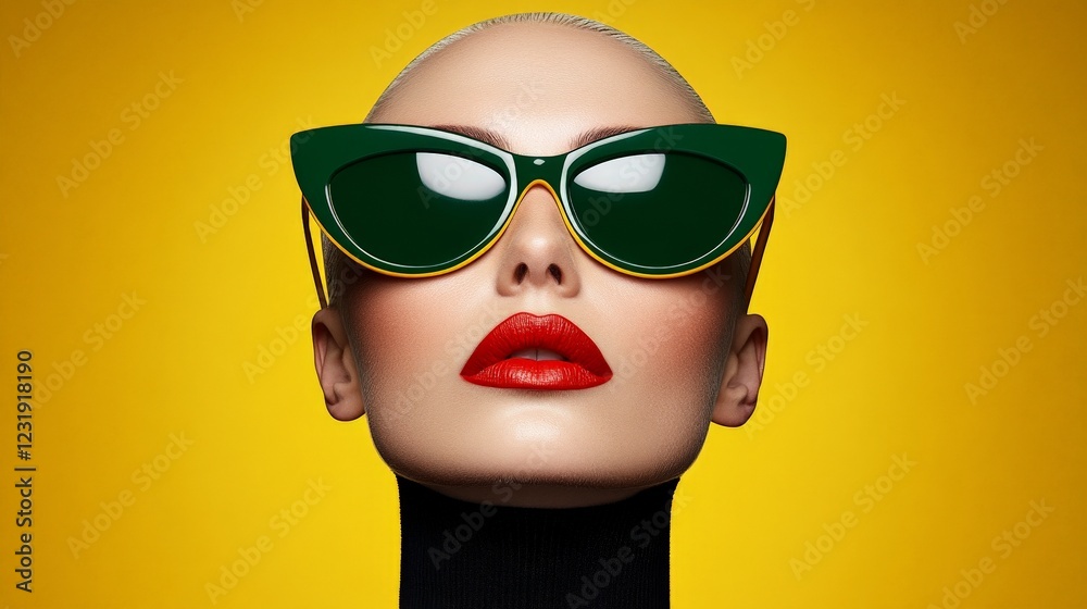 Stylish Silhouette: A close-up portrait showcases a person wearing oversized green sunglasses, with striking red lipstick against a yellow background. Emphasizing a bold, contemporary aesthetic. Stylish Silhouette: A close-up portrait showcases a person wearing oversized green sunglasses, with striking red lipstick against a yellow background. Emphasizing a bold, contemporary aesthetic.
