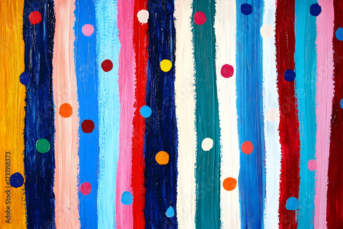 A painting of blue, white, and red vertical stripes with colorful small dots on it. 