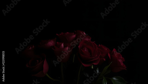 A cluster of dark red roses glows softly against a vast, dark background, their forms just barely defined by the dim light.