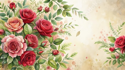 A delicate, hand-painted floral arrangement featuring a cluster of red roses against a soft, cream-colored background, surrounded by lush greenery and vines, floral, flowers