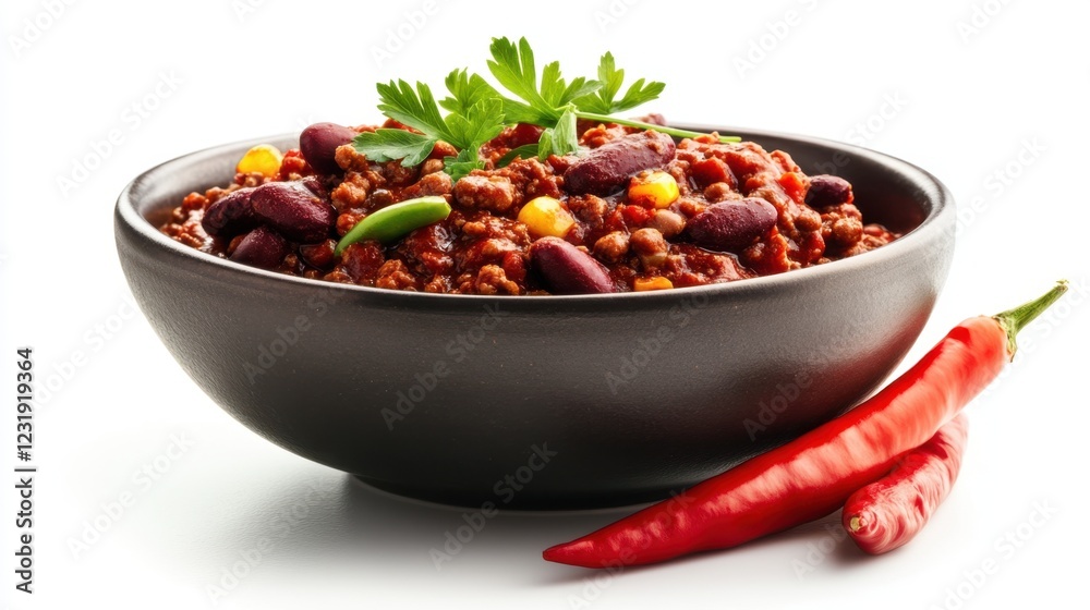 Delicious chili bowl with spicy beans peppers Delicious chili bowl with spicy beans peppers