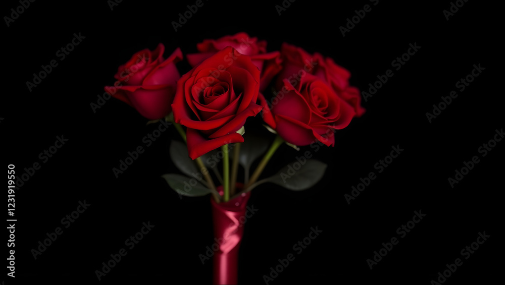A sophisticated and romantic bouquet of red roses, tightly bundled together with silk ribbon, and placed against a clean black background A sophisticated and romantic bouquet of red roses, tightly bundled together with silk ribbon, and placed against a clean black background