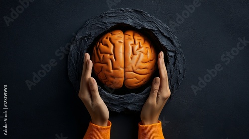 Brain in Focus: A conceptual artistic representation of the human brain, held tenderly within hands, highlighting the significance of cognitive function.