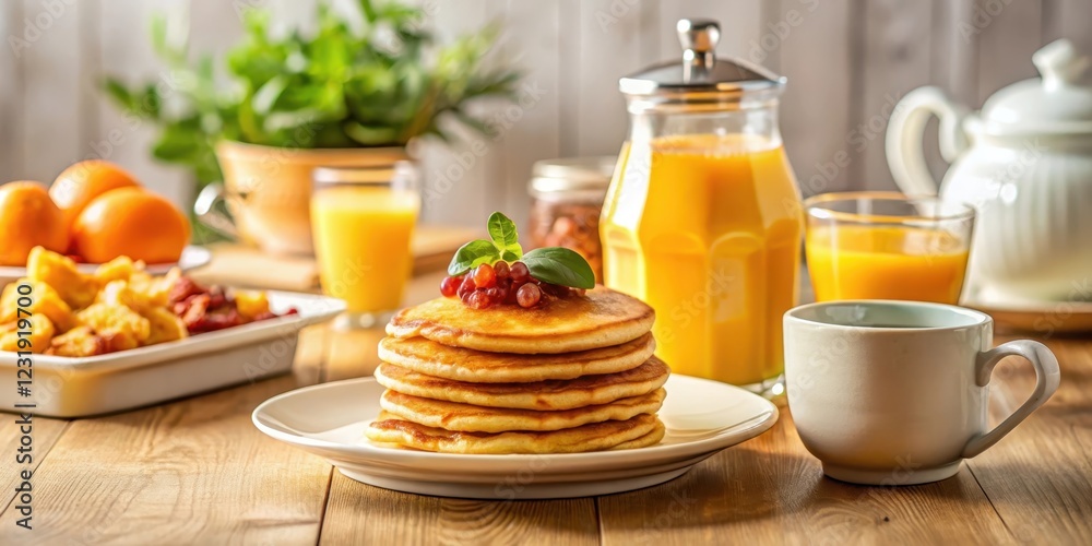 A delightful breakfast scene featuring a stack of golden pancakes adorned with fresh berries and a sprig of mint, accompanied by a pitcher of orange juice, a cup of coffee, and a side dish of fruit A delightful breakfast scene featuring a stack of golden pancakes adorned with fresh berries and a sprig of mint, accompanied by a pitcher of orange juice, a cup of coffee, and a side dish of fruit