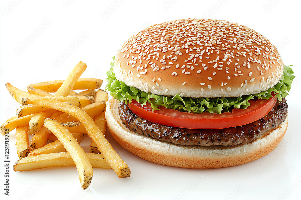 Juicy burger with sesame bun, lettuce, tomato, and a side of golden fries. Juicy burger with sesame bun, lettuce, tomato, and a side of golden fries.