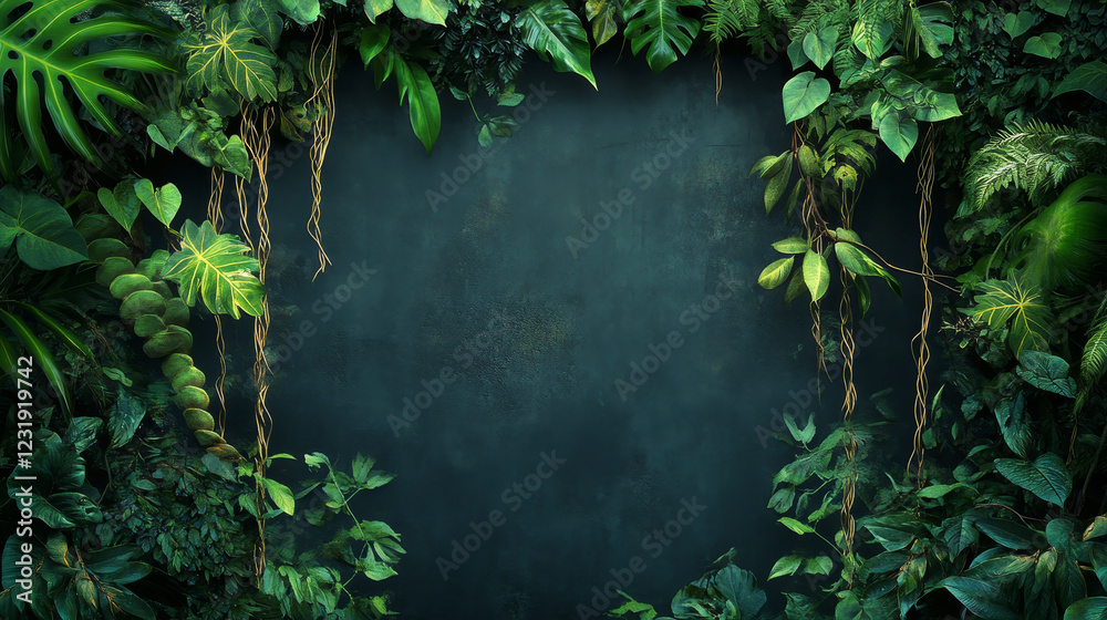 Fototapeta premium Jungle liana vines with green leaves. Cartoon vector illustration border of rainforest tree creeping branches with foliage. Long ivy climbing plant stem and rope. Tropical hanging vegetation frame.