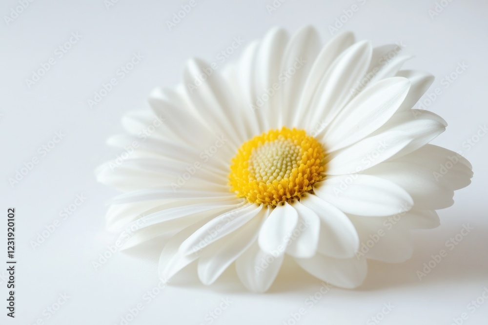 Single white flower with a bright yellow center on a white background Single white flower with a bright yellow center on a white background
